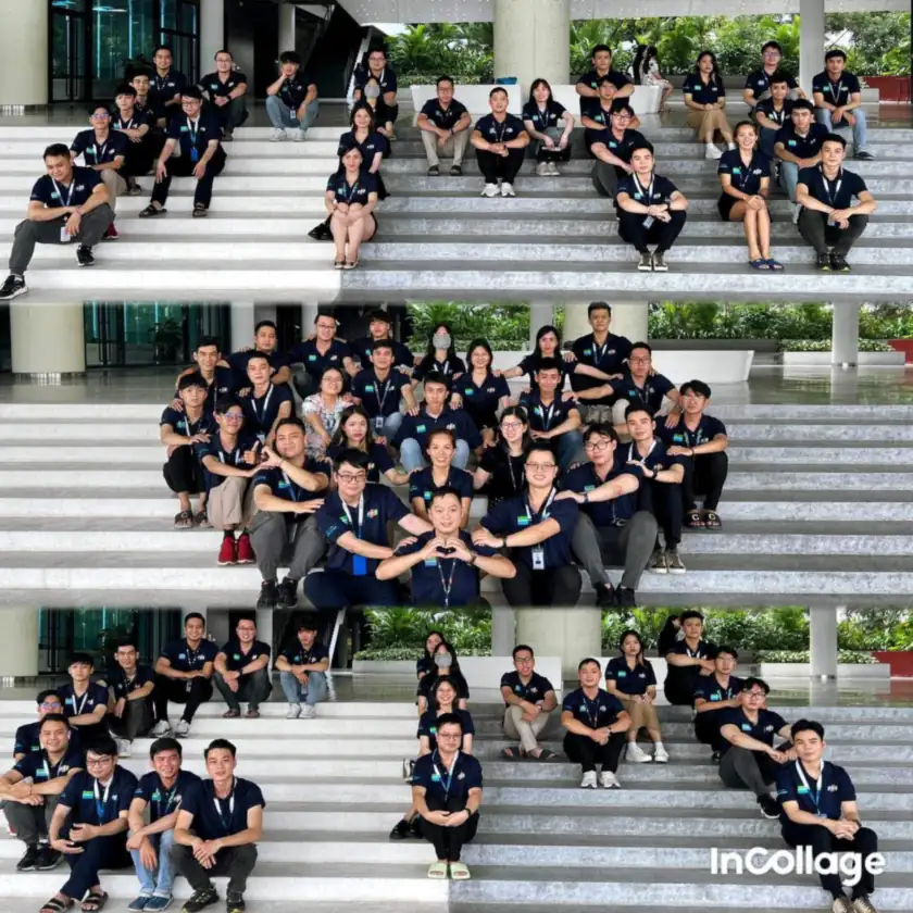 Collage of three group photos of the FPT Software team posing on the campus entrance stairs